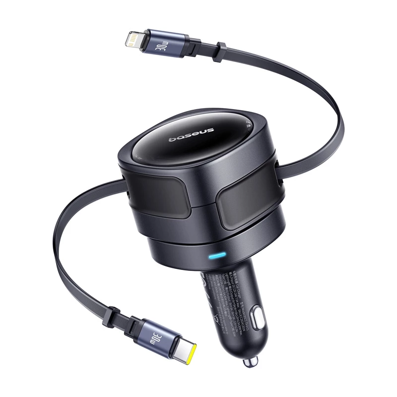 Automobilinis kroviklis Baseus Enjoyment Max 60W su USB-C ir Lightning laidais, dviejų prievadų greitas įkrovimas