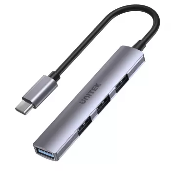 USB-C šakotuvas Unitek H1208B — 1x USB-A 5 Gbps, 3x USB-A 2.0, USB-C priegloba, aliuminio korpusas, 0,20 m laidas