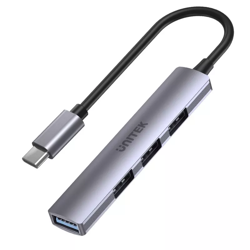 USB-C šakotuvas Unitek H1208B — 1x USB-A 5 Gbps, 3x USB-A 2.0, USB-C priegloba, aliuminio korpusas, 0,20 m laidas
