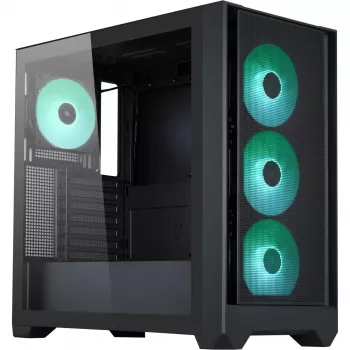 PC korpusas Silentware Flow 110 A-RGB Juoda — midi bokštas, grūdinto stiklo šoninis dangtis