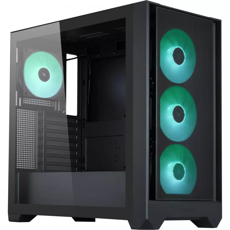 PC korpusas Silentware Flow 110 A-RGB Juoda — midi bokštas, grūdinto stiklo šoninis dangtis
