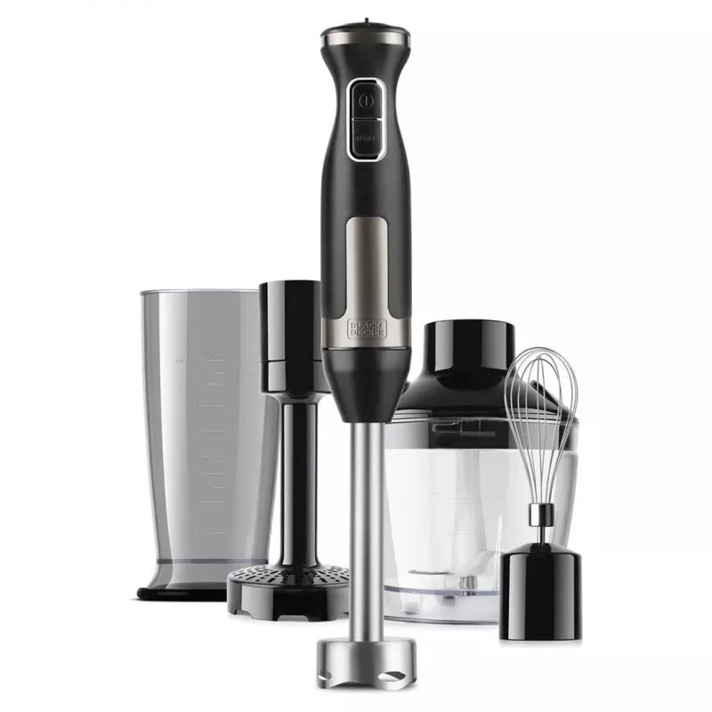 Panardinamas blenderis Juoda & Decker BXHBA1500E — 1500 W rankinis blenderis su nerūdijančio plieno kotu, 20 greičių, smulkintuvu, plaktuvėliu, pulsiniu režimu