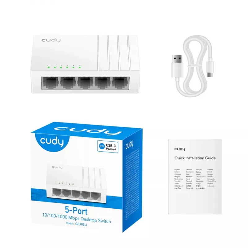 Tinklo komutatorius Cudy GS105U — Nevaldomas 5 prievadų Gigabit Ethernet (10/100/1000), baltas, 5 V