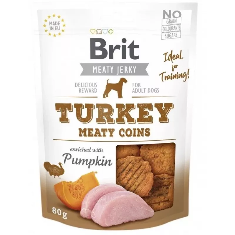 Dog Treats Brit Jerky Turkey Meaty Coins 200 g — funkcinis treniruočių užkandis suaugusiems šunims, baltymai 33%, riebalai 22%