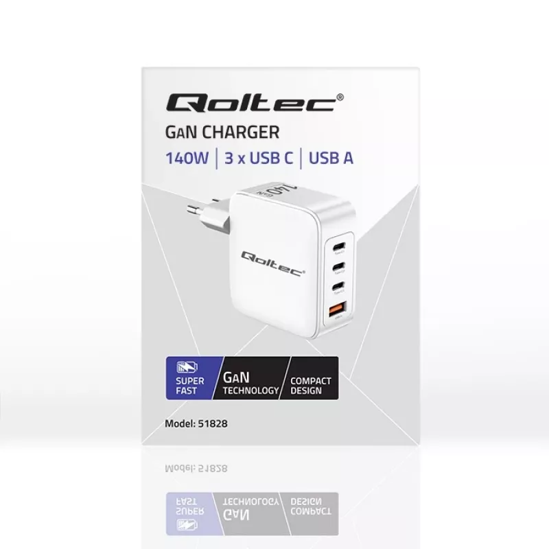Įkroviklis QOLTEC 51828 140W GaN 3×USB‑C PD + 1×USB‑A QC 3.0 – kelių prievadų greitasis įkroviklis
