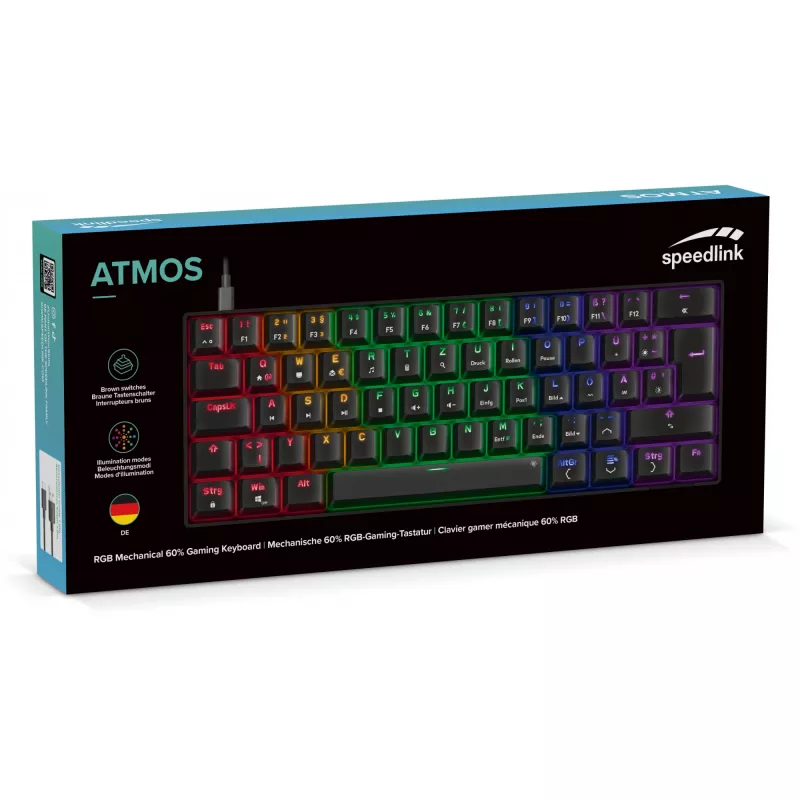 Mechaninė žaidimų klaviatūra Speedlink ATMOS RGB — kompaktiškas išdėstymas, RGB apšvietimas