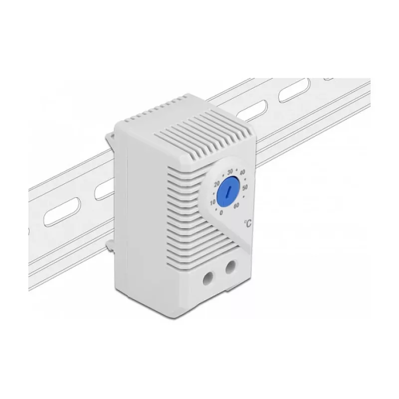 Termostatas DELOCK 66823, plastikinis korpusas IP20, 30 W, 250 V, 10 A, 43×60×33 mm, mėlynas/pilkas
