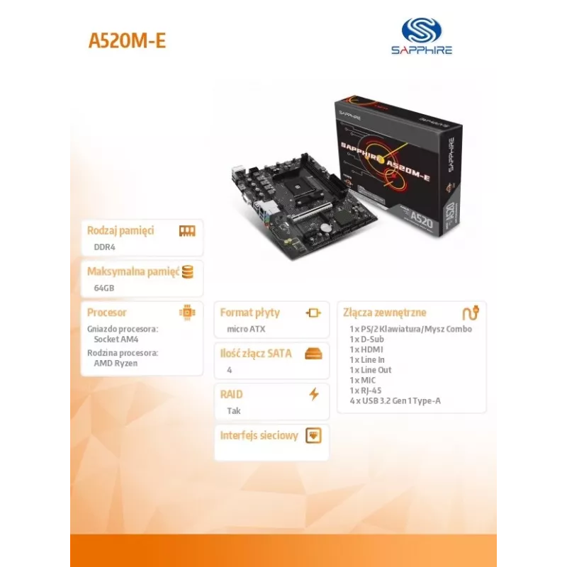 Micro ATX pagrindinė plokštė Sapphire A520M-E, skirta Socket AM4, AMD A520 mikroschemų rinkiniui, 2x DDR4 DIMM, max 64 GB, PCIe 3.0 x16/x1, SATA III, Gigabit LAN