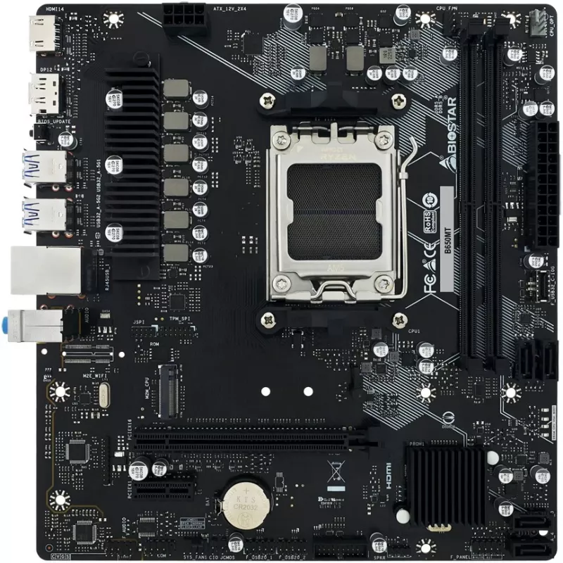 Pagrindinė plokštė BIOSTAR B650MT Micro ATX, AMD B650, lizdas AM5, DDR5, 2x DIMM, 96GB, 1x M.2, 4x SATA III, Gigabit LAN