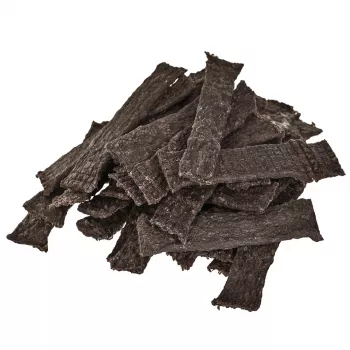 Šunų skanėstas PETITTO Džiovintos mėsos juostelės Žvėriena 400 g — vieningredientė elniena, 50,1% baltymų