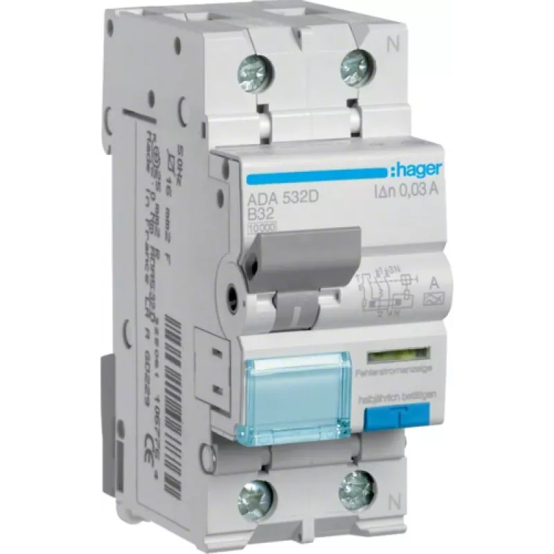 Hager RCBO Switch 1P+N 10kA B-32A 30mA ADA532D (ADA532D)