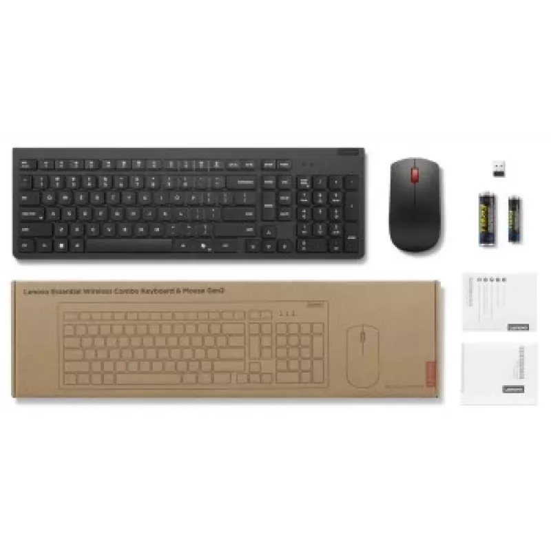 Belaidis klaviatūros ir pelės rinkinys Lenovo Essential Wireless Combo Gen2 — juodas, kompaktiškas išdėstymas, belaidis ryšys