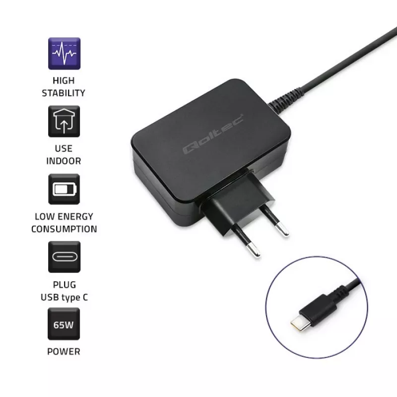 Mobiliojo įrenginio įkroviklis QOLTEC 51024 — Universalus kintamosios srovės patalpų įkroviklis, 65W PD, 20V/3.25A, 1.2 m laidas, juoda