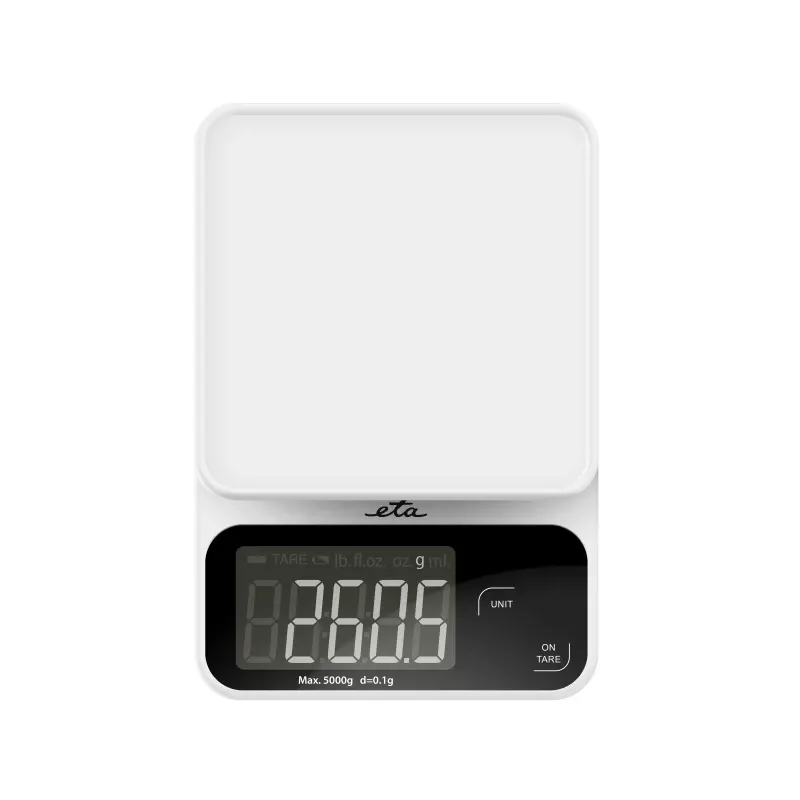 Elektroninės virtuvinės svarstyklės ETA POPI White – maks. 5 kg, tikslumas 1 g, LCD ekranas, AAA baterijos