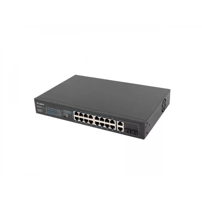 Nevaldomas jungiklis LANBERG RSFE-16P-2C-250 — 18 prievadų Gigabit, 16x PoE+ (30W), 2x SFP, 250W, 1U, metalinis, montuojamas į stelažą