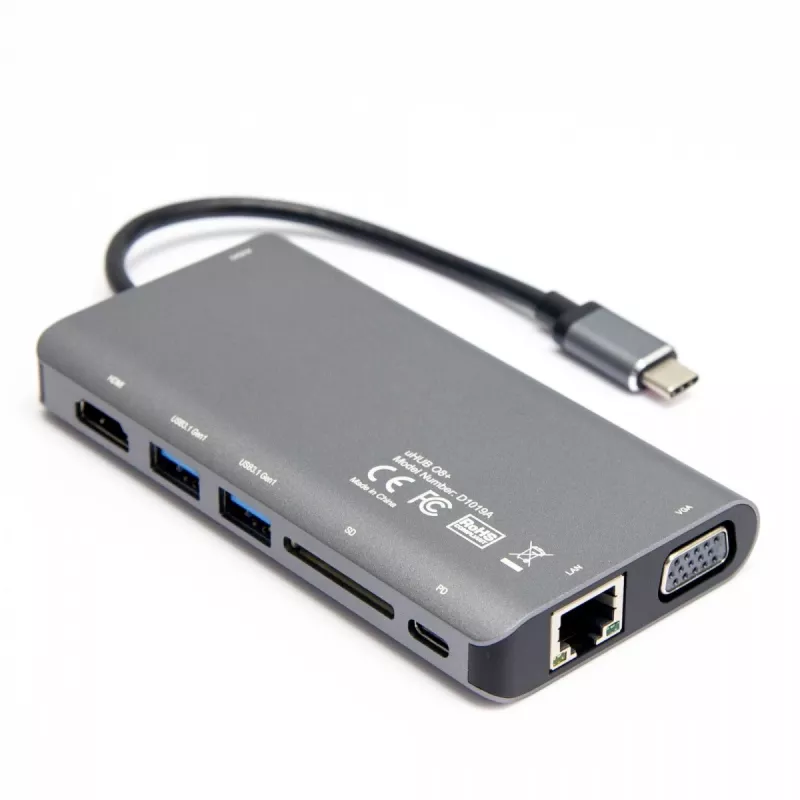 UNITEK uHUB O8+ laidinis USB 3.2 Gen 1 Type-C pilkas 100W Power Delivery