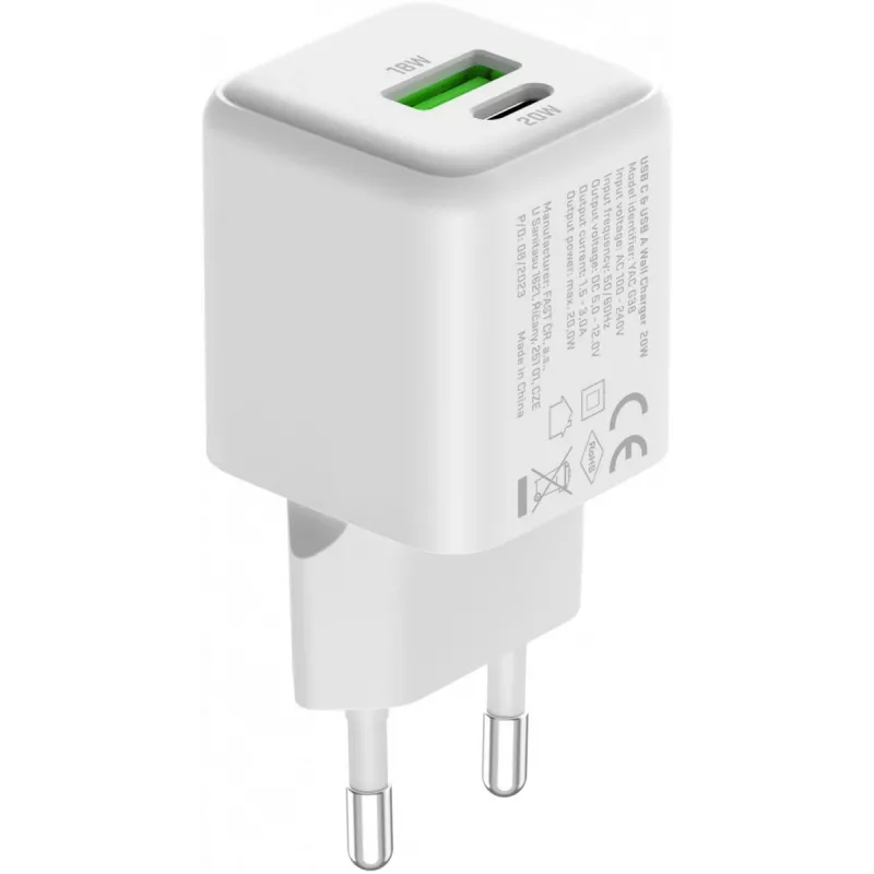 USB C/A tinklo įkroviklis YENKEE YAC G38 20W 3A Power Delivery (USB‑C ir USB‑A)