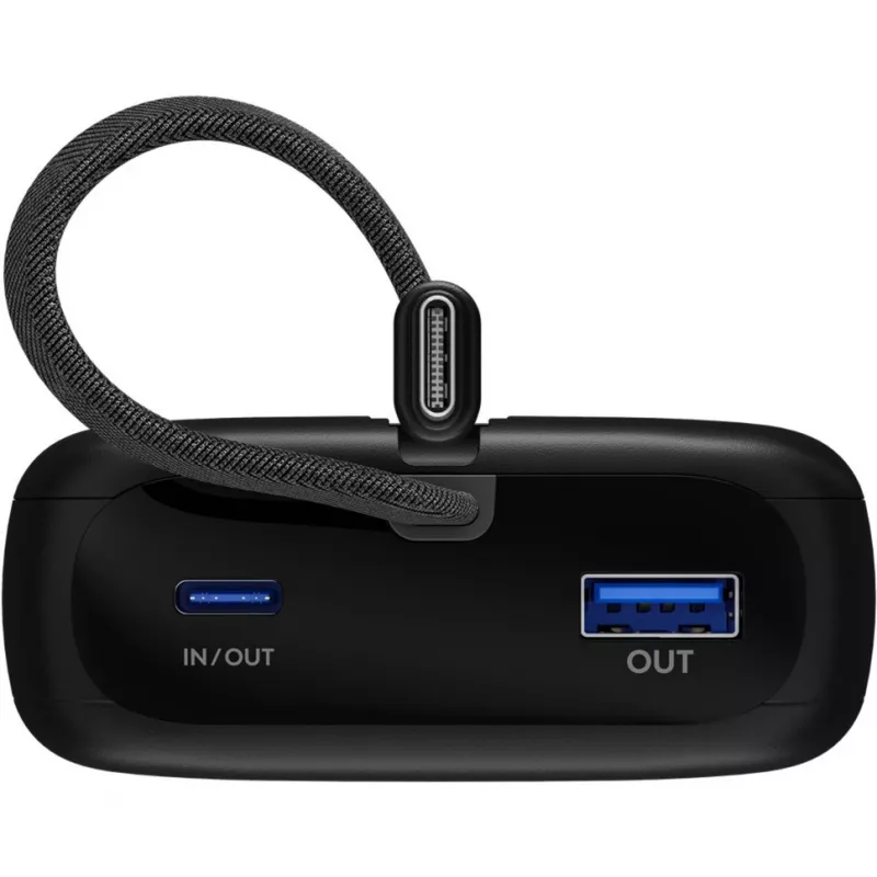 Powerbank 20.000 mAh, integruotas USB-C laidas 13cm, 30 W (juoda, 20 Ah, 1x USB-A, 2x USB-C, PD, QC)