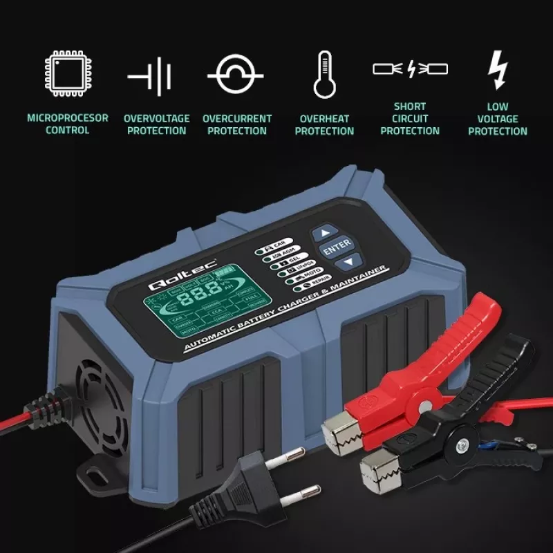 Qoltec išmanusis mikroprocesorinis akumuliatoriaus įkroviklis su akumuliatoriaus testeriu ir 12V atkūrimo funkcija | 6A | LCD | Akumuliatoriaus įkroviklis AGM LiFePO4 GEL akumuliatoriams