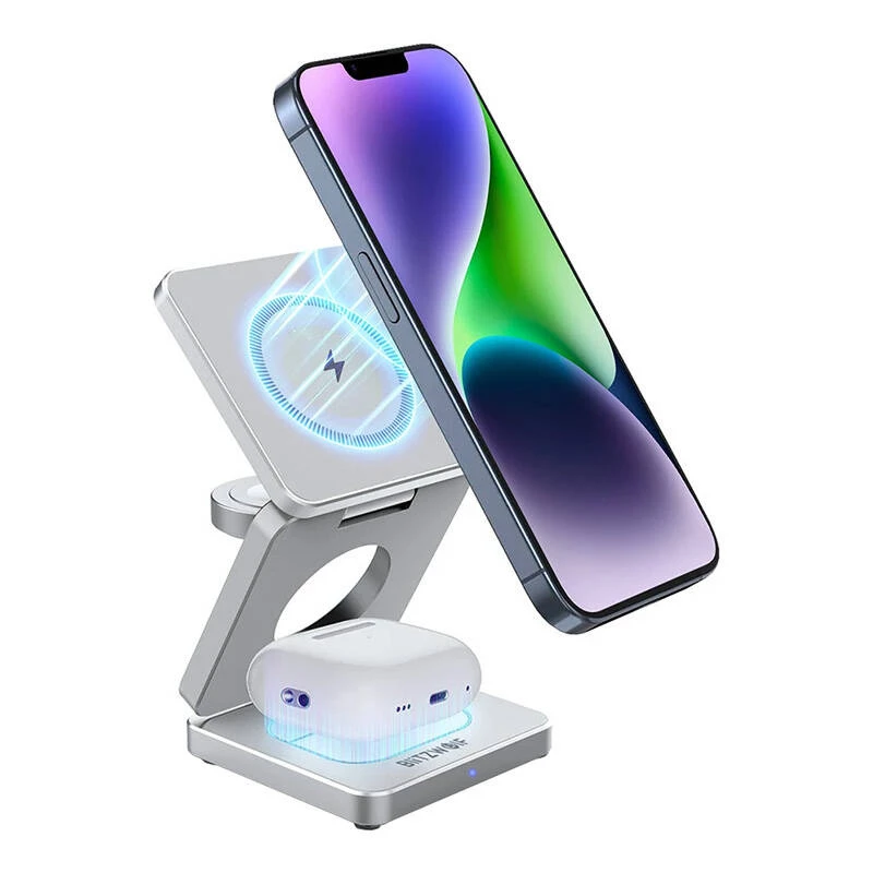 Belaidis įkroviklis BlitzWolf BW-IW30 3-in-1 greitojo įkrovimo stotelė, skirta iPhone ir Samsung, belaidis 3 įrenginių įkrovimas