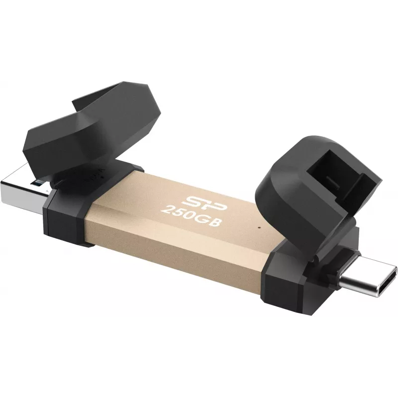 USB flash drive Silicon Power DS72 250 GB, USB 3.2 Gen 2 Type-A / Type-C, aliuminis/guminis dangtelis, auksinė
