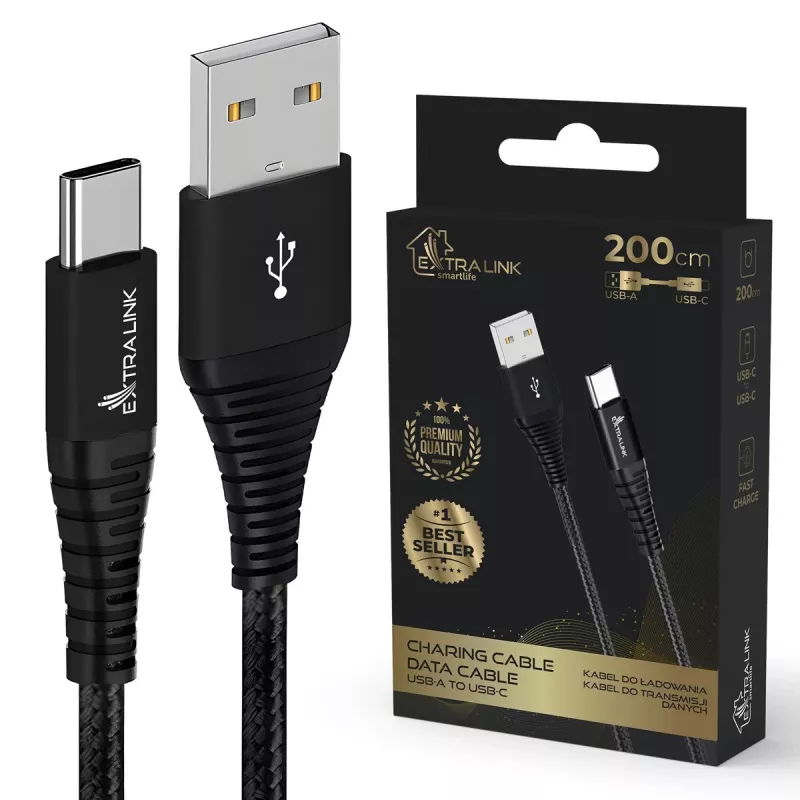 USB Type-A į USB-C laidas Extralink Smart Life pintas 2 m — 15 W (5 V 3 A) juodas