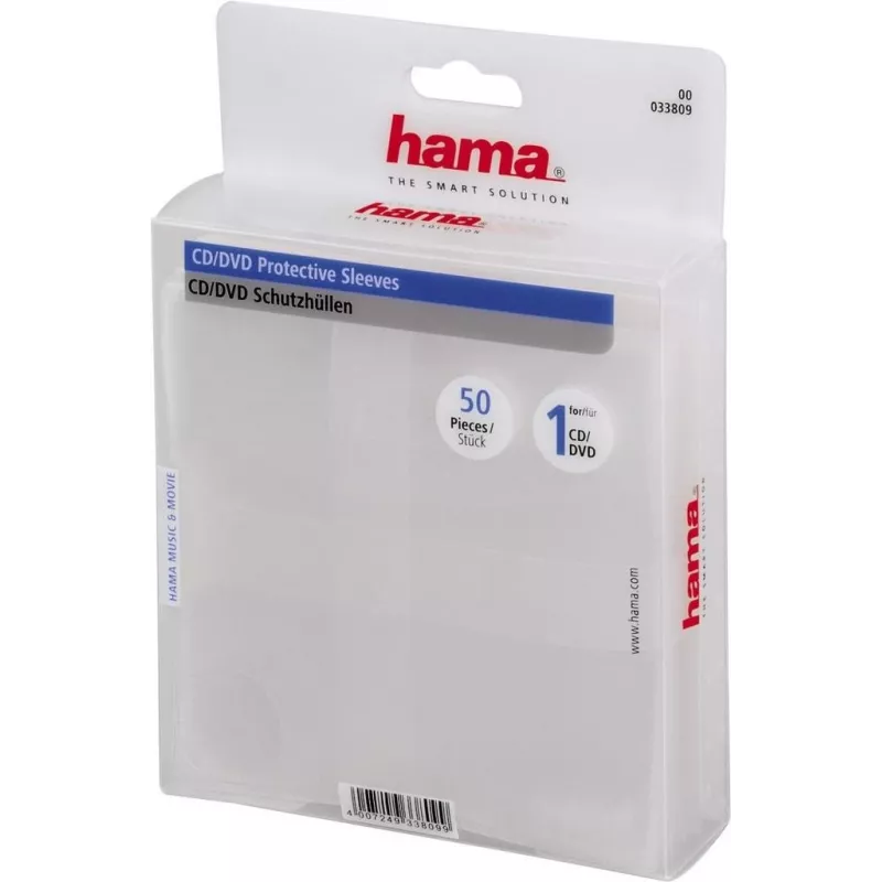 Hama apsauginės CD/DVD įmovos, pakuotėje 50 vnt. 50 diskų Skaidrios