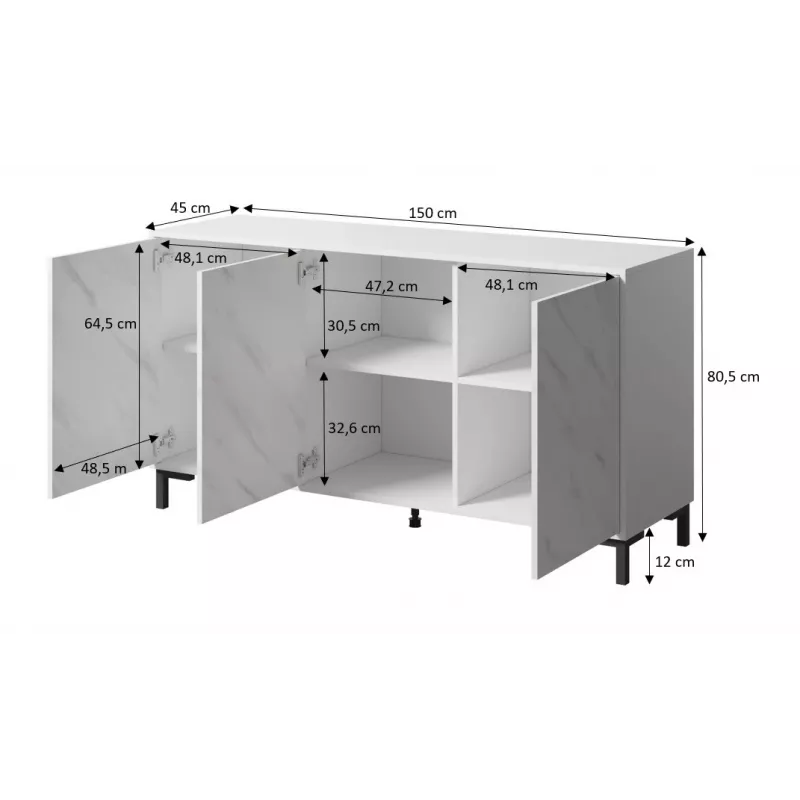 MARMO 3D komoda 150x45x80.5 cm matinis juodas/marble juodas