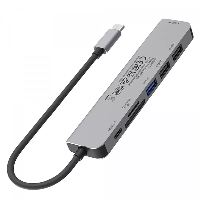 USB-C šakotuvas Unitek 7in1 aliuminis PD 100W 5 Gbps — daugiafunkcis adapteris su Power Delivery