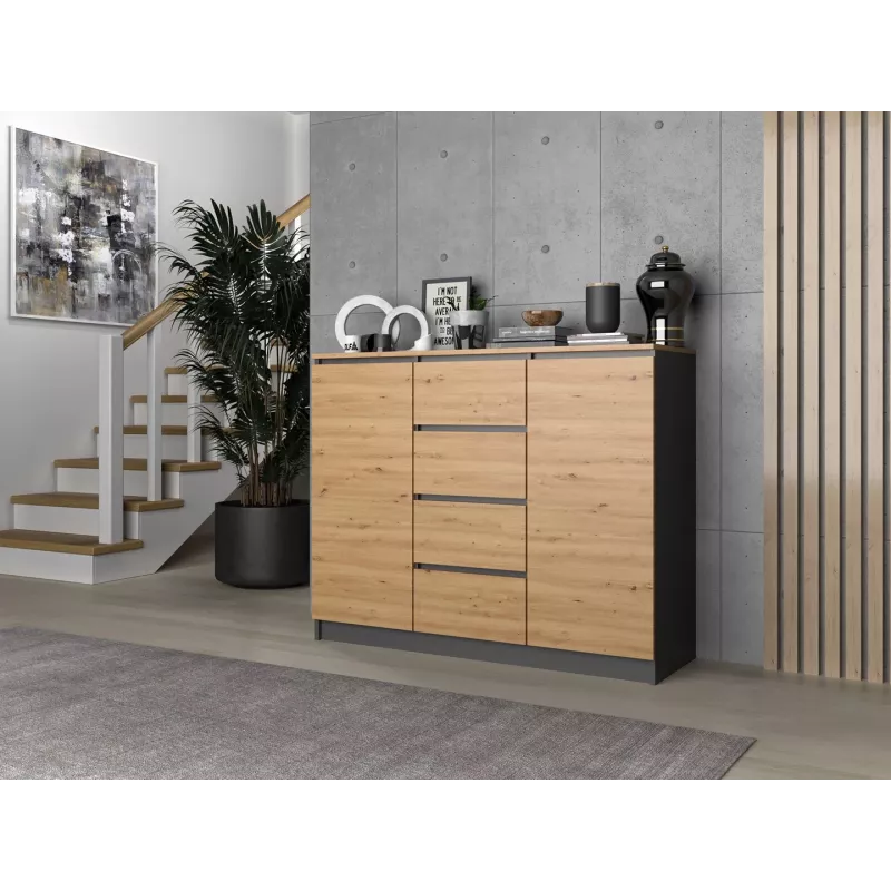 Komoda iš viršutinės parduotuvės Topeshop 2D4S ANT/ART BA KPL — 4 stalčiai, antracitas/ąžuolas, 1200×400×970 mm, medžio drožlių plokštė