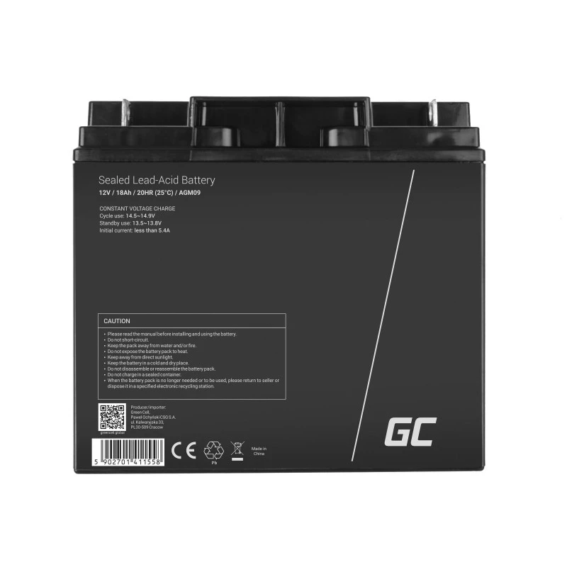 Įkraunama sandari švino rūgšties baterija Green Cell AGM09 12 V 18000 mAh, juoda, 167×77×181 mm, 4,8 kg
