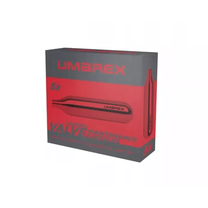 CO2 kapsulės UMAREX KOL.121-229 12 g — metalinės 12 g, pakuotėje 5 vnt. pneumatiniams ginklams ir RAM žymekliams