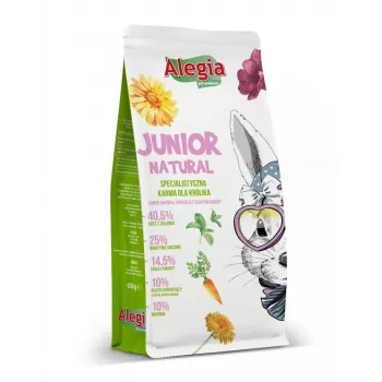 Triušių pašaras granulėmis „Alegia Junior Natural“ 650 g – visavertis pašaras jauniems triušiams, be grūdų, be glitimo, be sojų