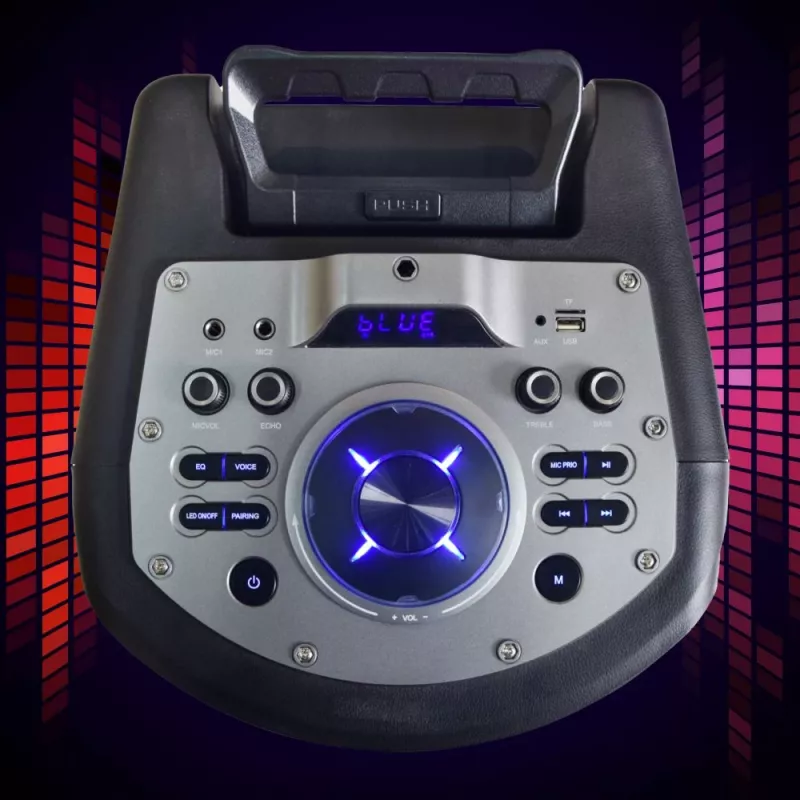 Nešiojamasis Bluetooth karaoke garsiakalbis MANTA SPK0803B140 140 W, maitinamas baterijomis, MIC/USB/microSD, FM, ekvalaizeris, ratukai