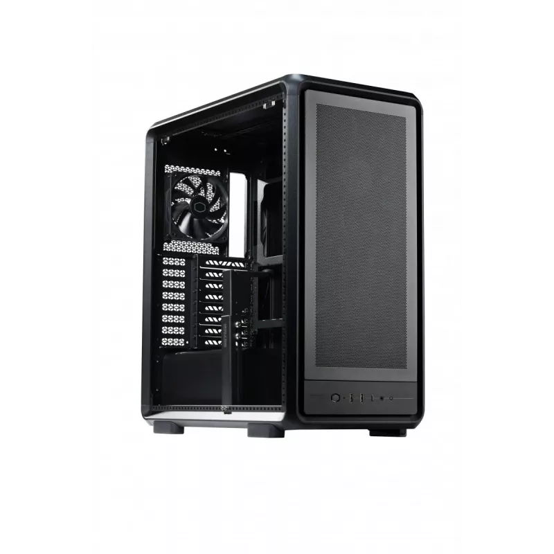 PC Midi Tower Cooler Master MasterFrame 500 Mesh — juoda su permatomu šonu, palaiko ATX/EATX, 2x200 mm priekyje, 1x120 mm gale