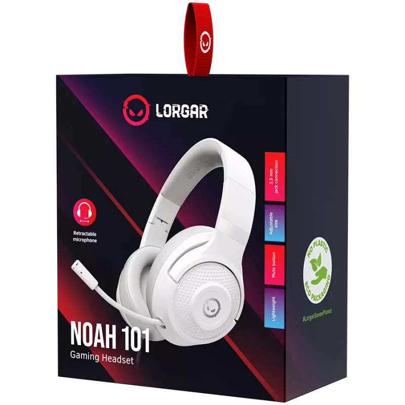 LORGAR Noah 101, žaidimų ausinės su mikrofonu, 3,5 mm lizdo jungtis, kabelio ilgis 2 m, sulankstomas dizainas, PU odos ausų pagalvėlės, dydis: 185*195*80 mm, 0,245 kg, balta