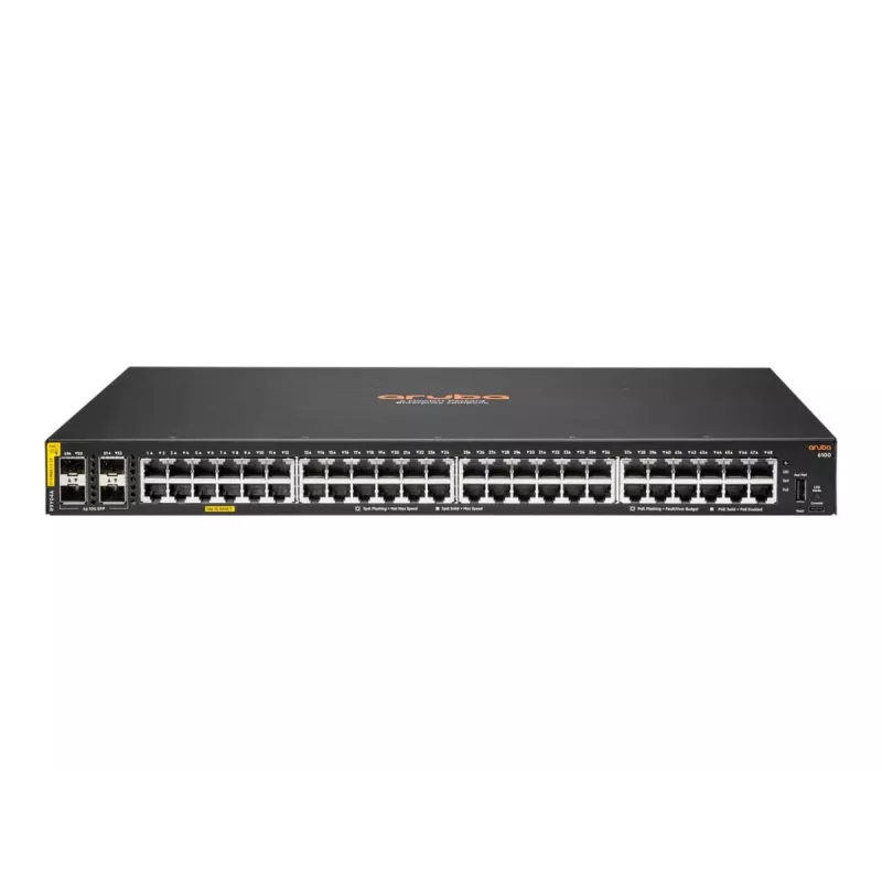Hewlett Packard Enterprise HPE Aruba Networking CX 6100 48G Class4 PoE 4SFP+ 740W komutatorius – Komutatorius – L3 – valdomas – 48 x 10/100/1000 (PoE+) + 4 x 1 Gigabit/10 Gigabit SFP+ (Uplink)