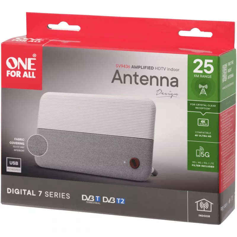 One for All DVB-T2 1080p medžiaginė antena, balta SV9436-5G (SV9436-5G)