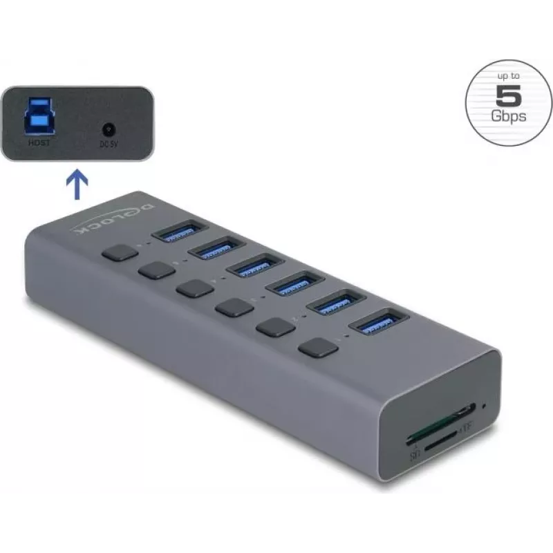 Išorinis USB 3.0 6 prievadų šakotuvas DELOCK 64237 su individualiais jungikliais ir SD/MicroSD kortelių lizdu