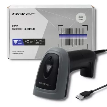 Rankinis brūkšninių kodų skaitytuvas QOLTEC 50863 — 1D/2D skaitytuvas, USB laidinis, LED jutiklis, juodas, 5 V, 1,8 m laidas