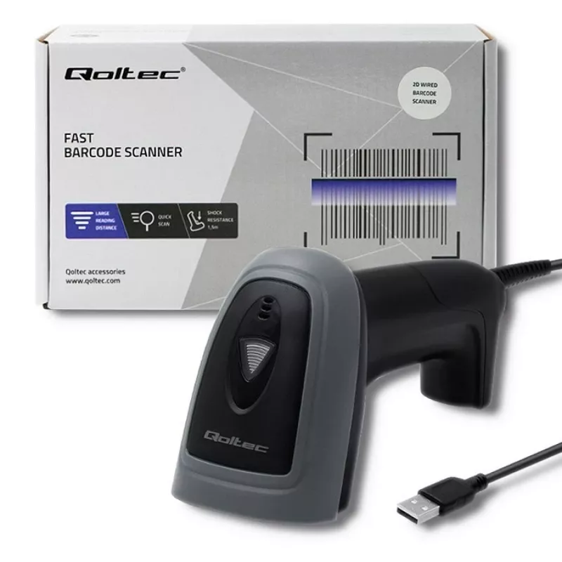 Rankinis brūkšninių kodų skaitytuvas QOLTEC 50863 — 1D/2D skaitytuvas, USB laidinis, LED jutiklis, juodas, 5 V, 1,8 m laidas