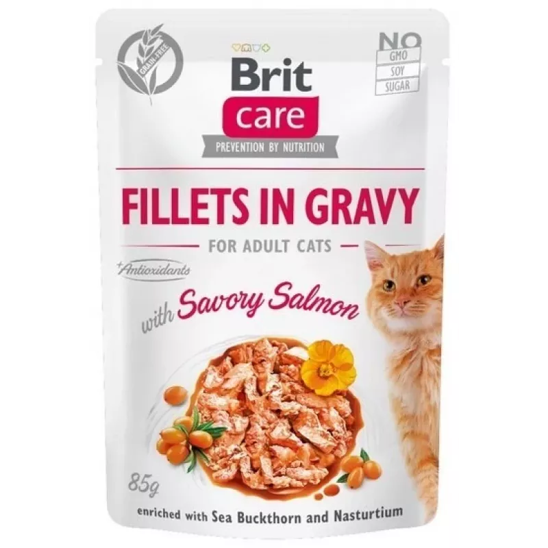 Šlapias kačių maistas Brit Fillets in Gravy — lašišos filė gabalėliai padaže, 85 g pakelis, BRIT Care, suaugusioms katėms, drėgmė 82%