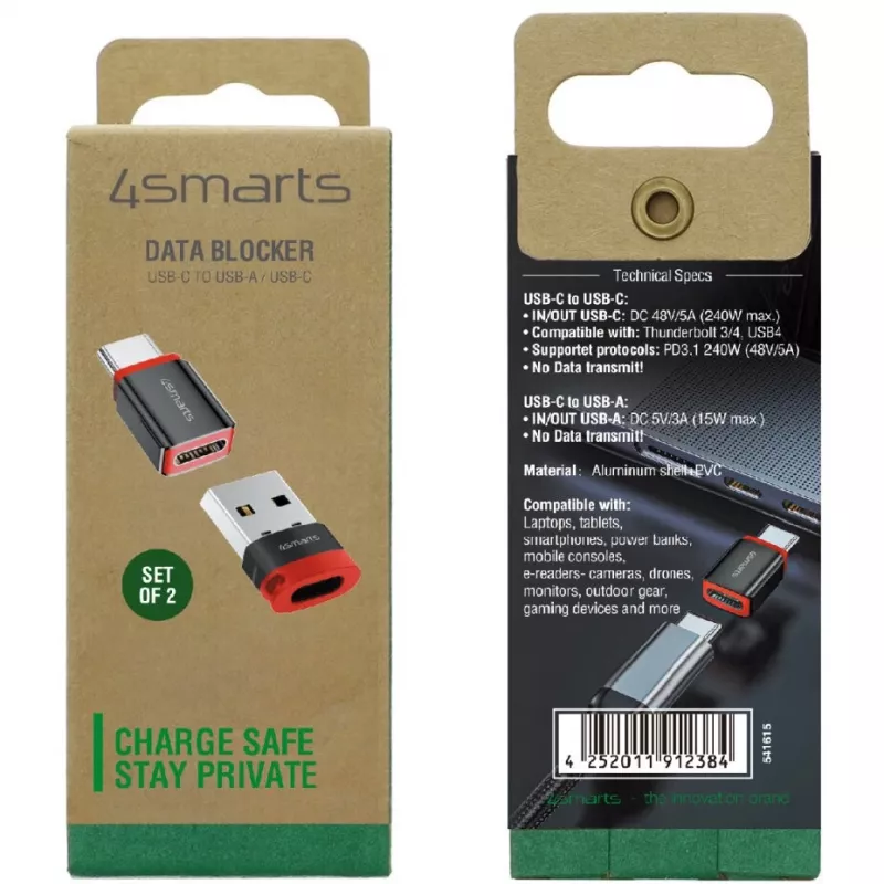 Sąsajos adapteris 4smarts 541615 — USB Type-A (pagrindinis) į USB Type-C (išvestis), juodas, tiesus kištukas-lizdas, pakuotėje 2 vnt.