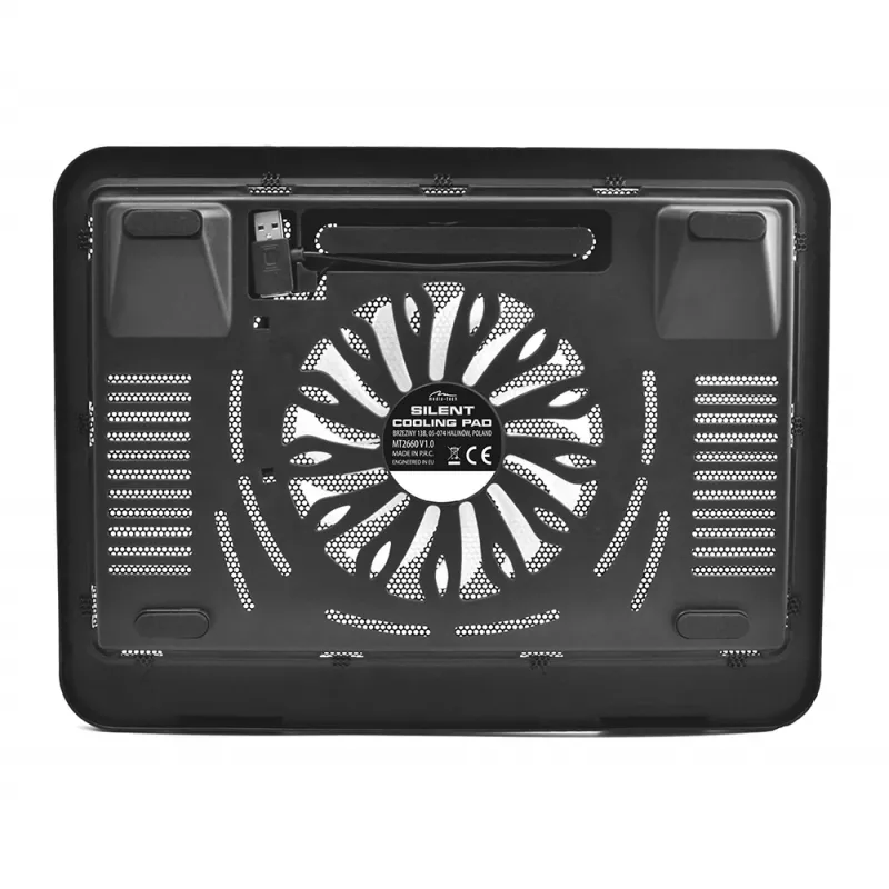 Aušinimo padėklas MEDIA-TECH MT2660 — USB maitinamas nešiojamojo kompiuterio aušintuvas, 1 ventiliatorius 13,5 cm, 20 CFM, 1000 RPM, 330×250×40 mm, 327 g, apšvietimas