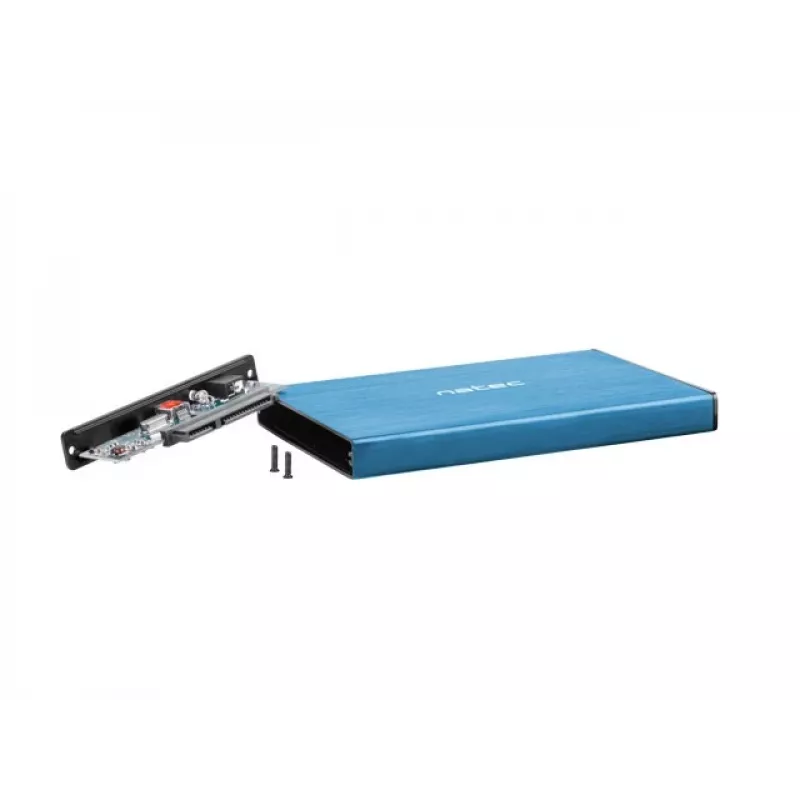 Išorinio HDD/SSD korpuso NATEC Rhino GO 2,5 colio — USB 3.0, SATA III, iki 4 TB, 9,5 mm, aliuminis, mėlynas