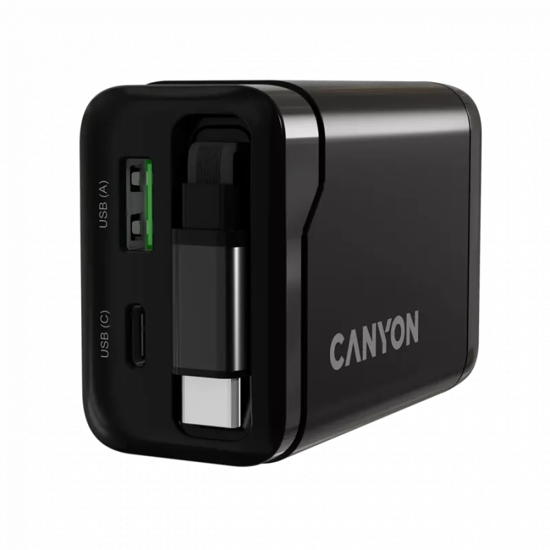 Įkroviklis CANYON OnCharge 65RC su integruotu USB-C laidu, 65W, 1x PD, 1x QC, ES kištukas, juodas
