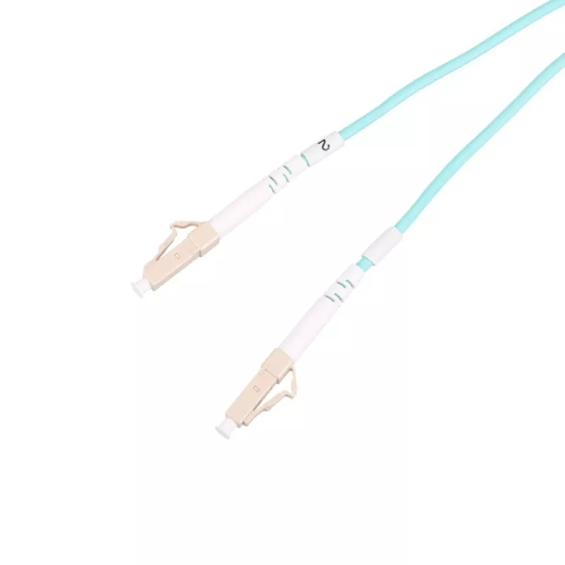Patchcord LC/UPC-LC/UPC dvipusis 5 m — Extralink OM3 daugiamodis, 3 mm FTTH, aqua