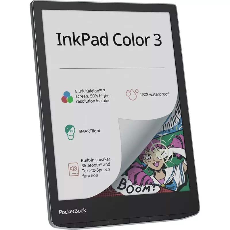 PocketBook InkPad Color 3 Stormy Sea. Ekrano įstrižainė: 19,8 cm (7,8 inch), Technologija: E Ink. Palaikomi dokumentų formatai: ACSM, AZW, AZW3, CBR, CBZ, CHM, DOC,