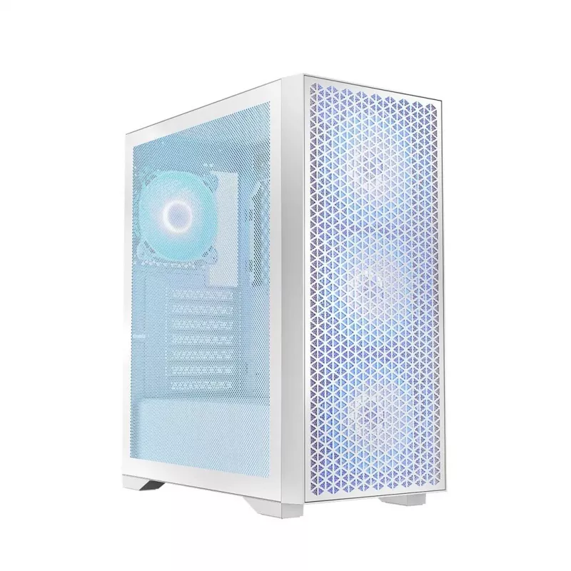 Kompiuterio korpusas LOGIC Dart Pro Midi ARGB baltas — Midi Tower, ATX, 456×200×385 mm, maks. GPU 34 cm, CPU aušintuvo aukštis 155 mm, 3x120mm priekyje + 1x120mm gale, USB 3.0 x2, USB-C x1