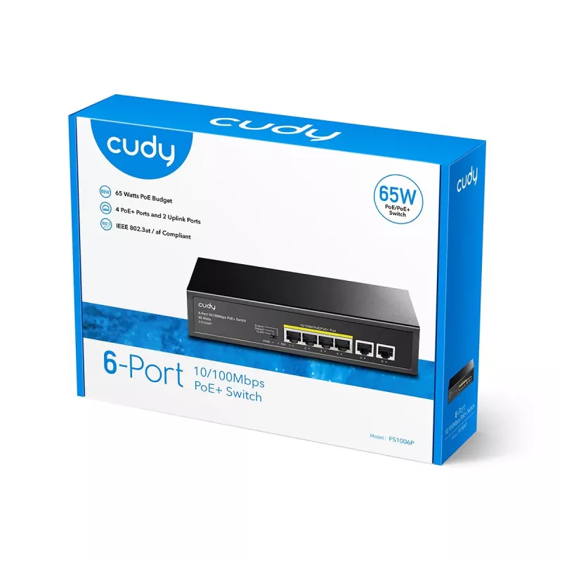 Tinklo komutatorius Cudy FS1006P Fast Ethernet 6 prievadų (4 PoE, 1 PoE+) 10/100 Mbps, 1,2 Gbit/s pralaidumas, metalinis korpusas, montavimas į stovą / ant sienos